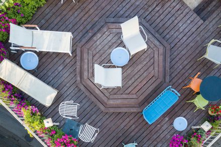 Luxurious rooftop at Flora Valley Boutique Hotel, Ein Kerem, Jerusalem – elegant furniture and wooden design with a pastoral ambiance